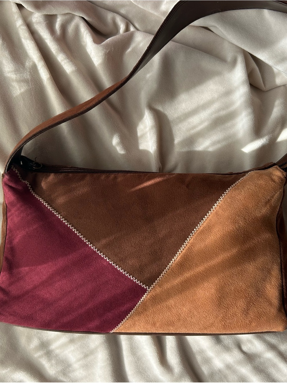 Vintage Sonoma Tri-Color Suede Shoulder Bag in Burgundy, Brown & Tan - Picture 2 of 4